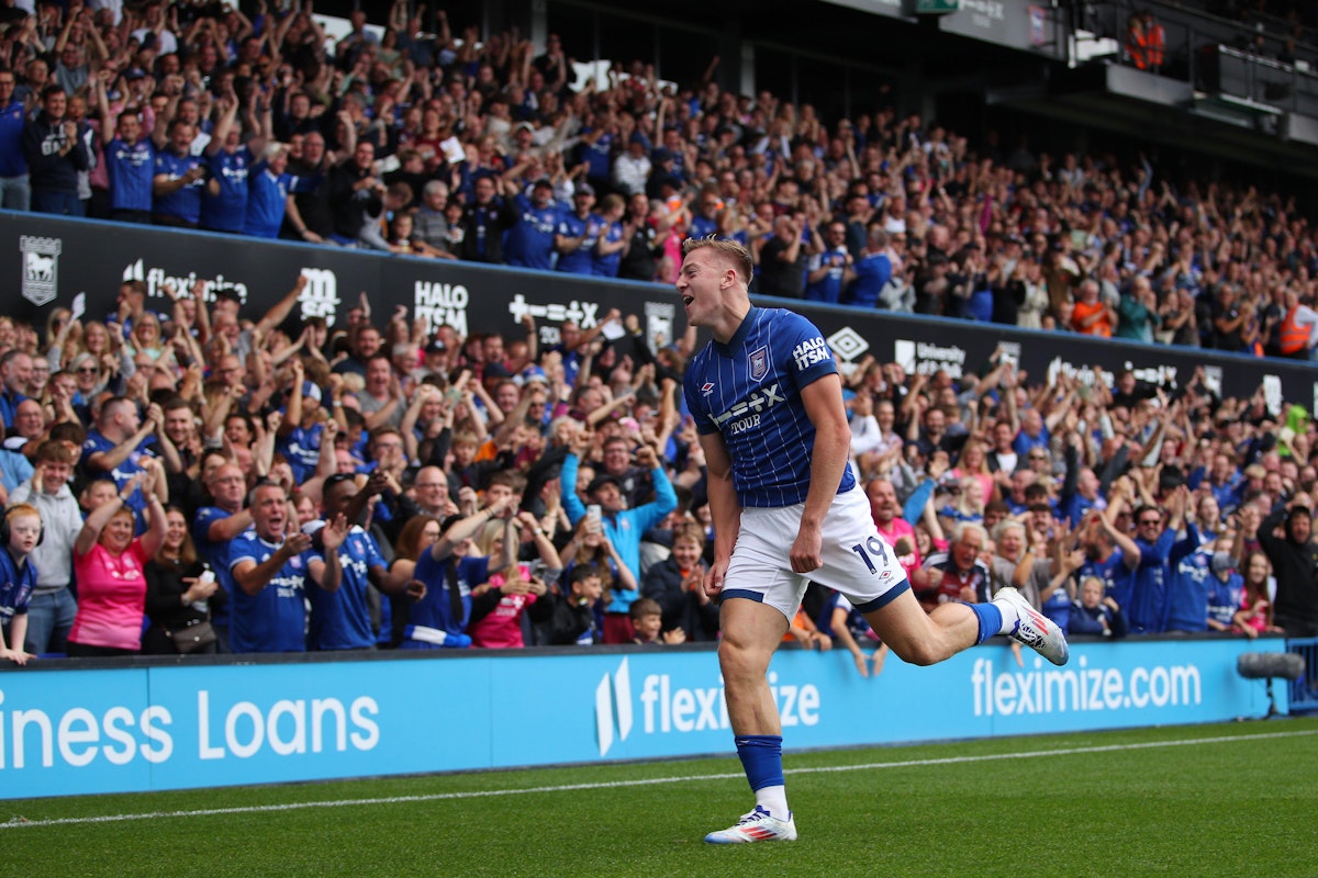 Liam Delap celebrating a goal for Ipswich